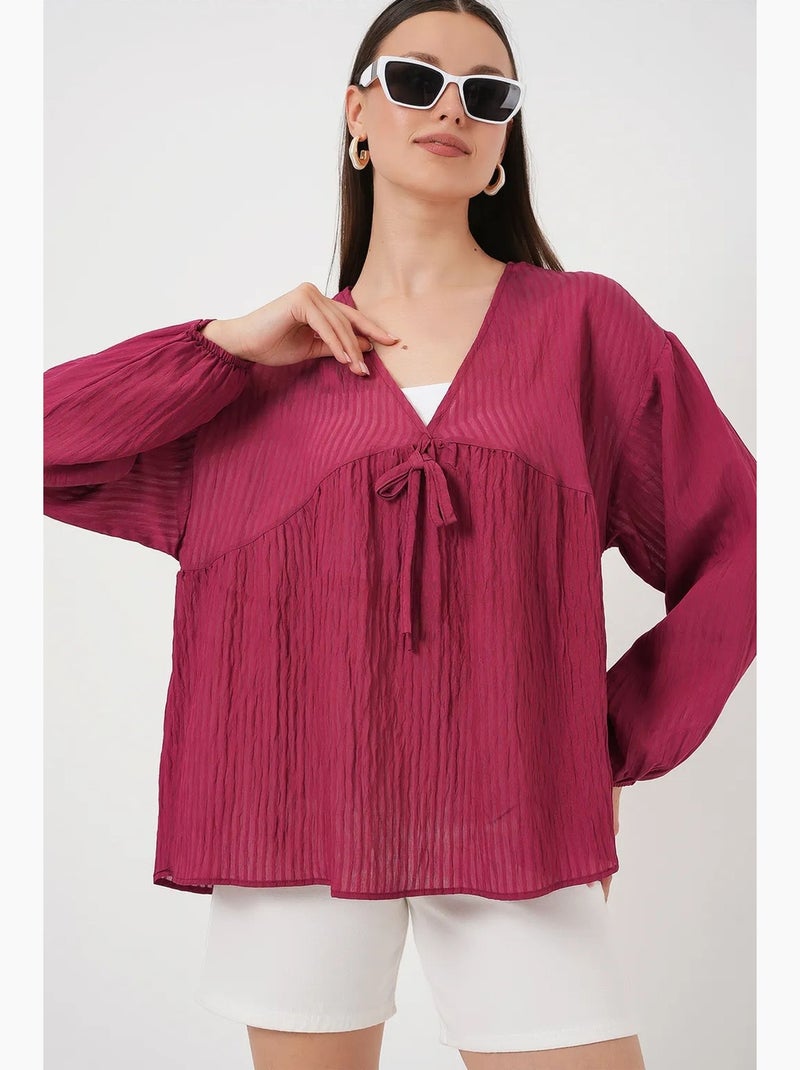 Blouse texturée seersucker à col en v et nœud bdart Rouge bordeaux - Kiabi