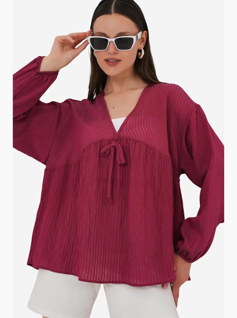 Blouse texturée seersucker à col en v et nœud bdart Rouge bordeaux - Kiabi