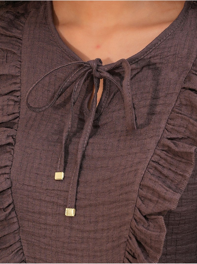 Blouse tissée à volants avec lien bdart Marron chocolat - Kiabi