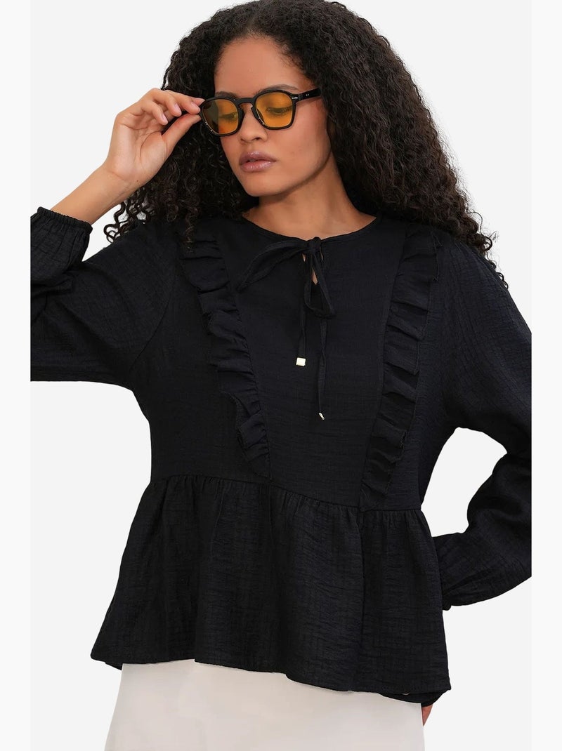 Blouse tissée à volants avec lien bdart Noir - Kiabi