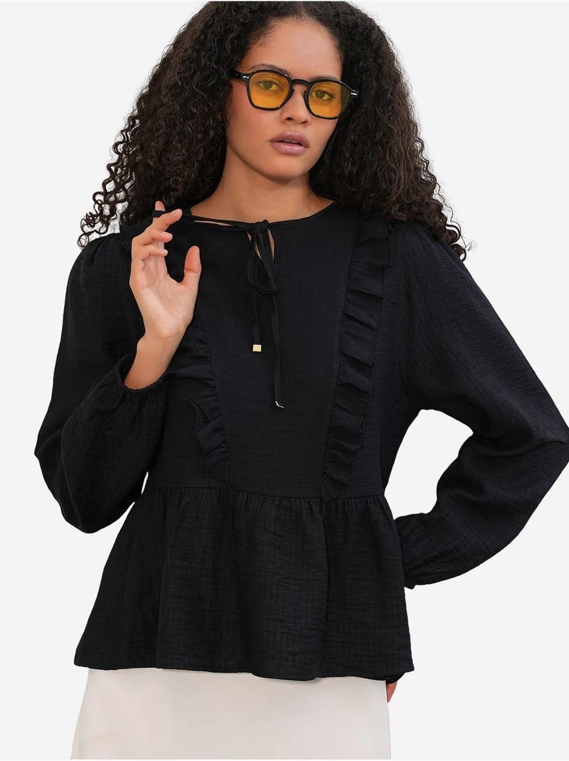 Blouse tissée à volants avec lien bdart Noir - Kiabi