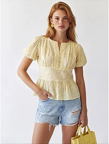 Blouse tissée brodée à col en v mixray