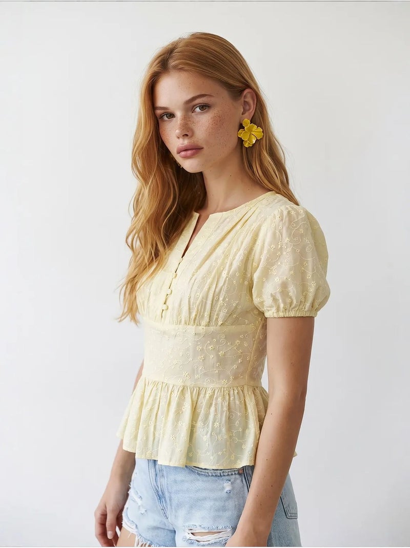 Blouse tissée brodée à col en v mixray Jaune citron - Kiabi