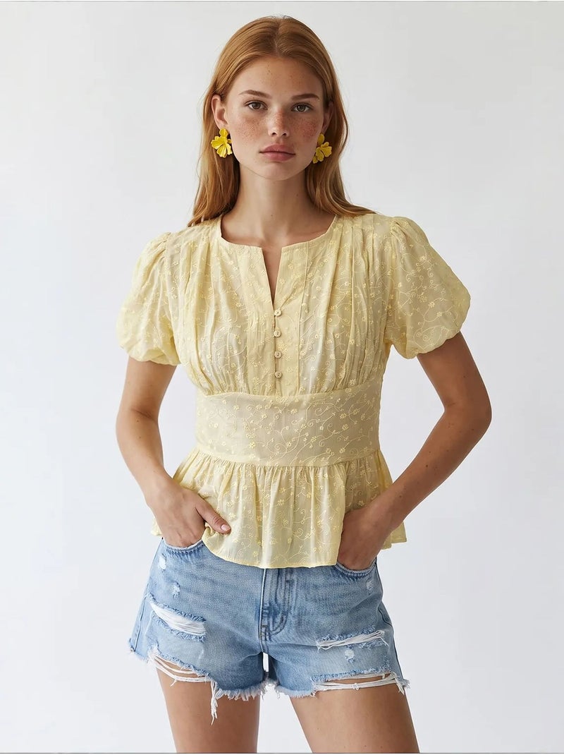 Blouse tissée brodée à col en v mixray Jaune citron - Kiabi