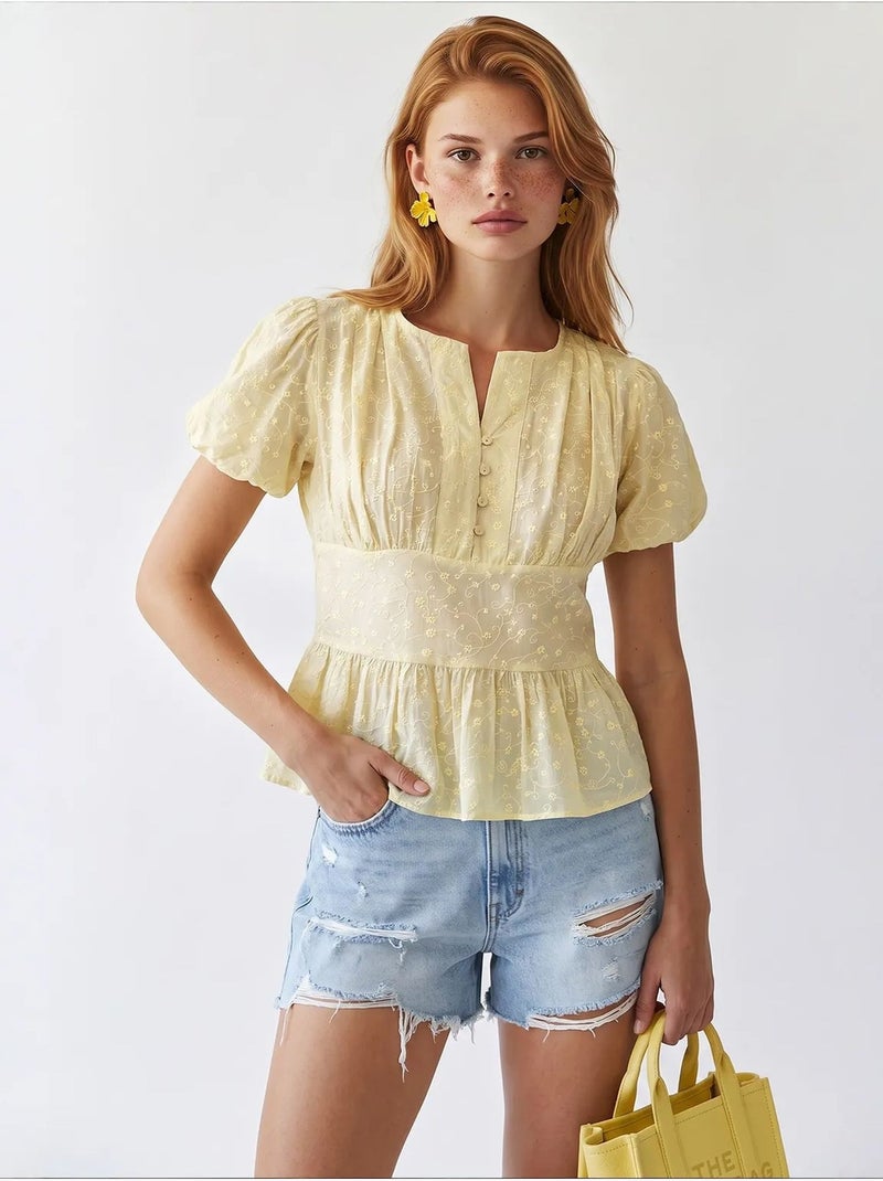 Blouse tissée brodée à col en v mixray Jaune citron - Kiabi