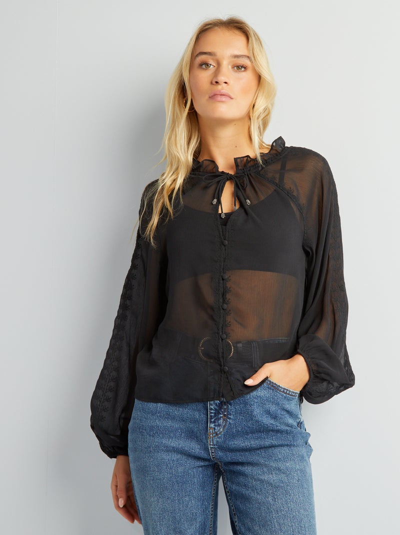 Blouse transparente brodée noir - Kiabi