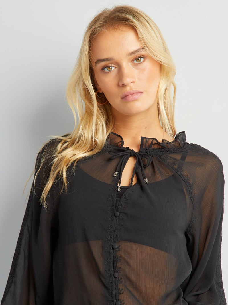 Blouse transparente brodée noir - Kiabi