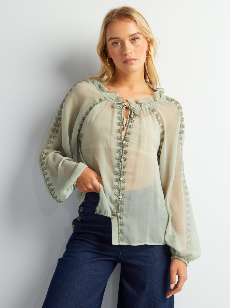 Blouse transparente brodée Vert d'eau - Kiabi