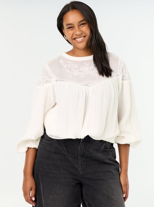 Blouse uni en gaze de coton et dentelle - Kiabi Blouse uni en gaze de coton et dentelle - Kiabi