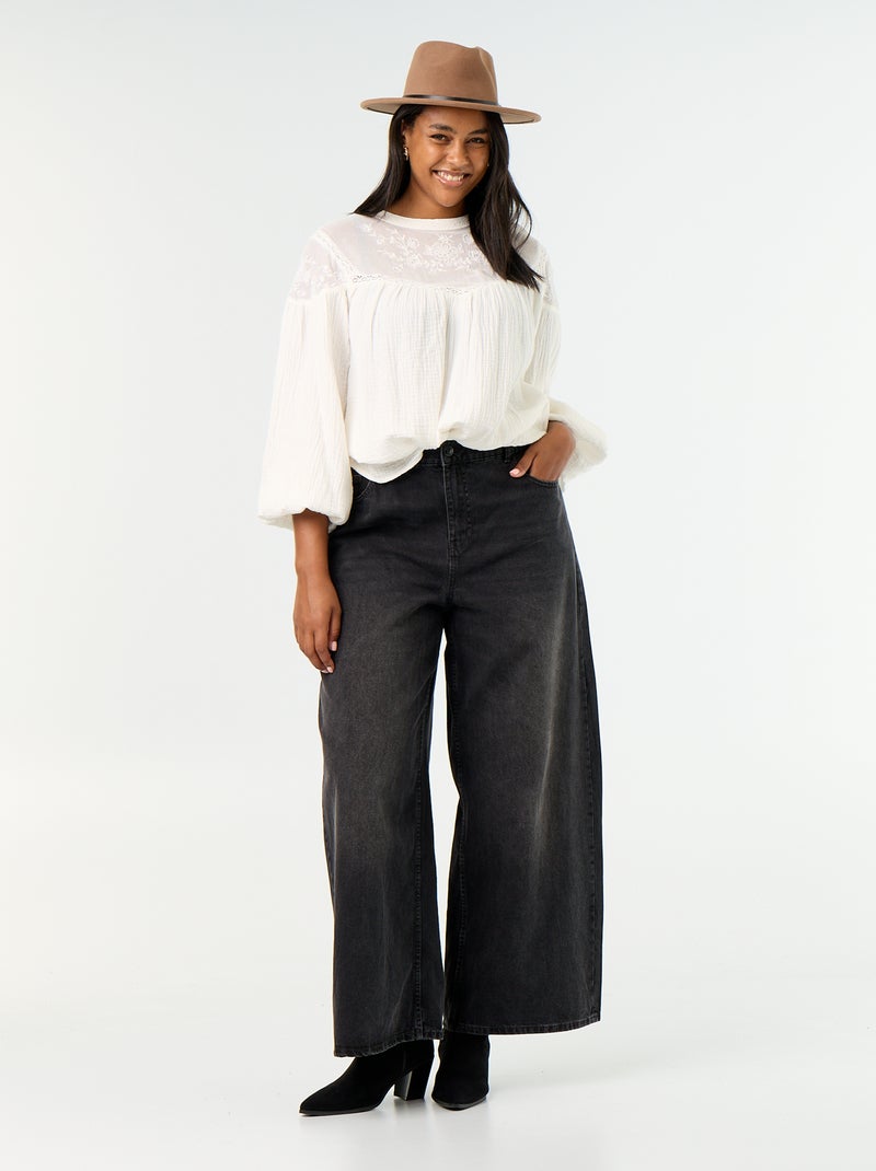 Blouse uni en gaze de coton et dentelle Blanc - Kiabi