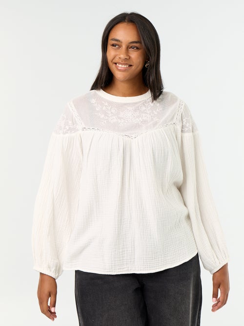 Blouse uni en gaze de coton et dentelle - Kiabi Blouse uni en gaze de coton et dentelle - Kiabi