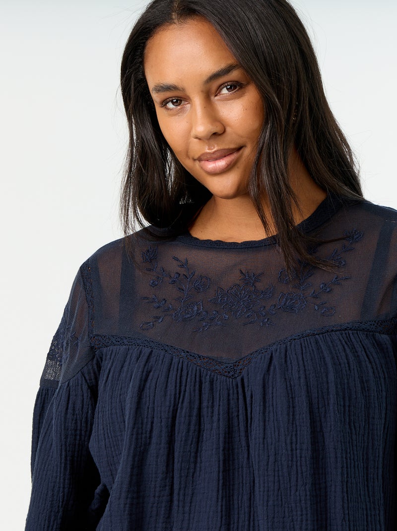 Blouse uni en gaze de coton et dentelle Bleu - Kiabi