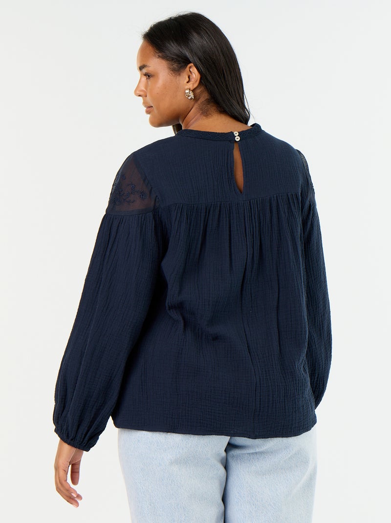 Blouse uni en gaze de coton et dentelle Bleu - Kiabi