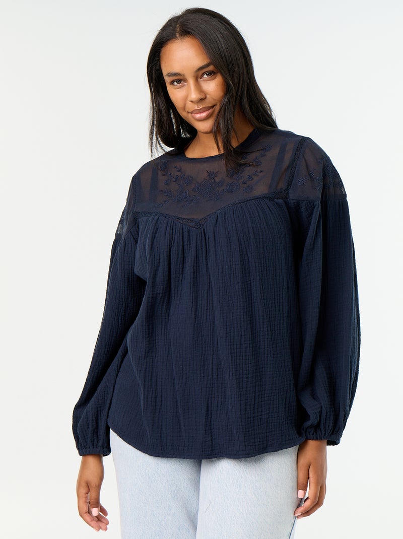 Blouse uni en gaze de coton et dentelle Bleu - Kiabi