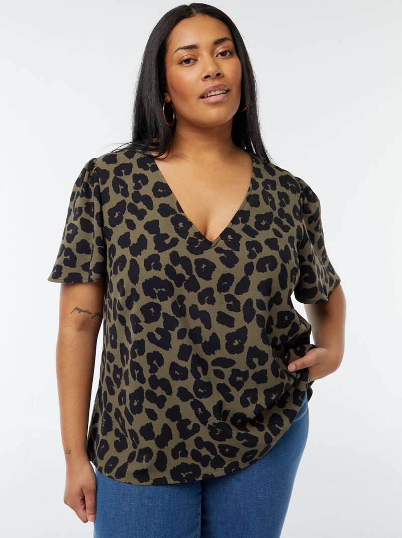 Blouse uni manches courtes Kaki - Kiabi