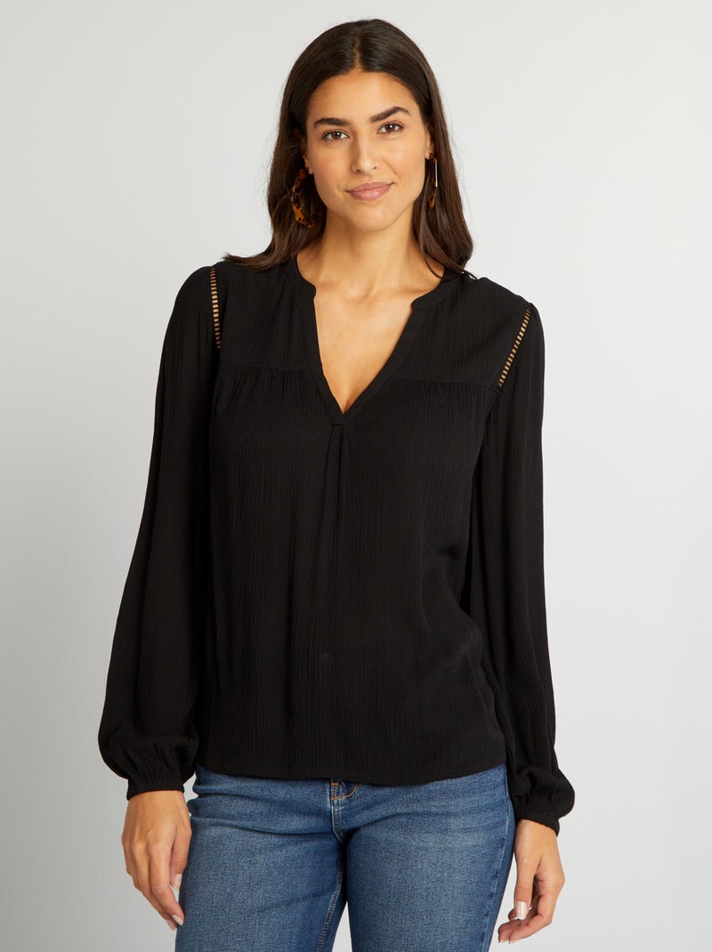 Blouse unie à col V Noir - Kiabi