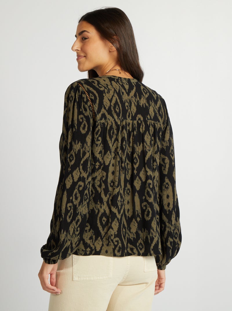 Blouse unie à col V Vert/noir - Kiabi