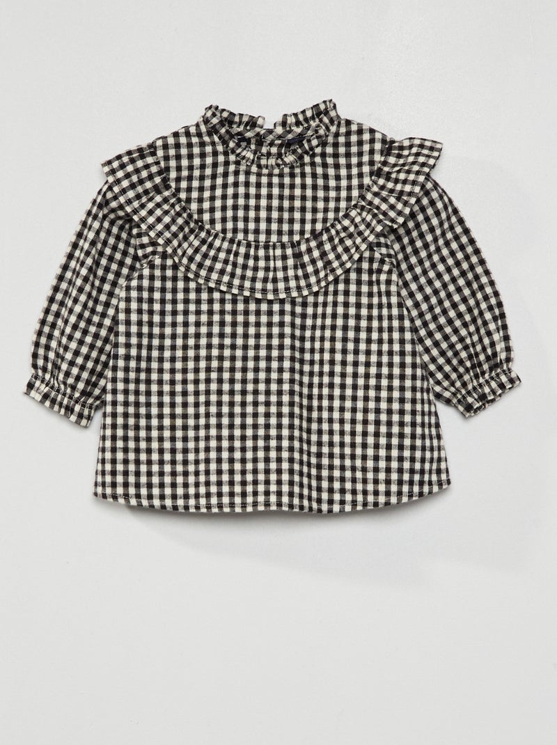 Blouse vichy volantée Blanc/noir - Kiabi
