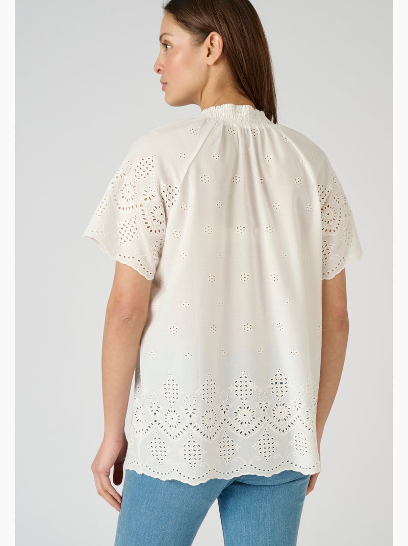 Blouse voile de coton broderie anglaise - Damart Blanc - Kiabi