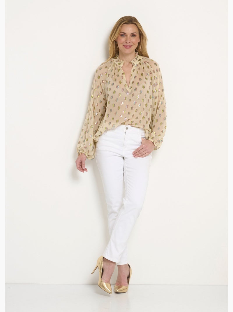 Blouse voile motifs métallisés encolure V - Afibel Ecru - Kiabi