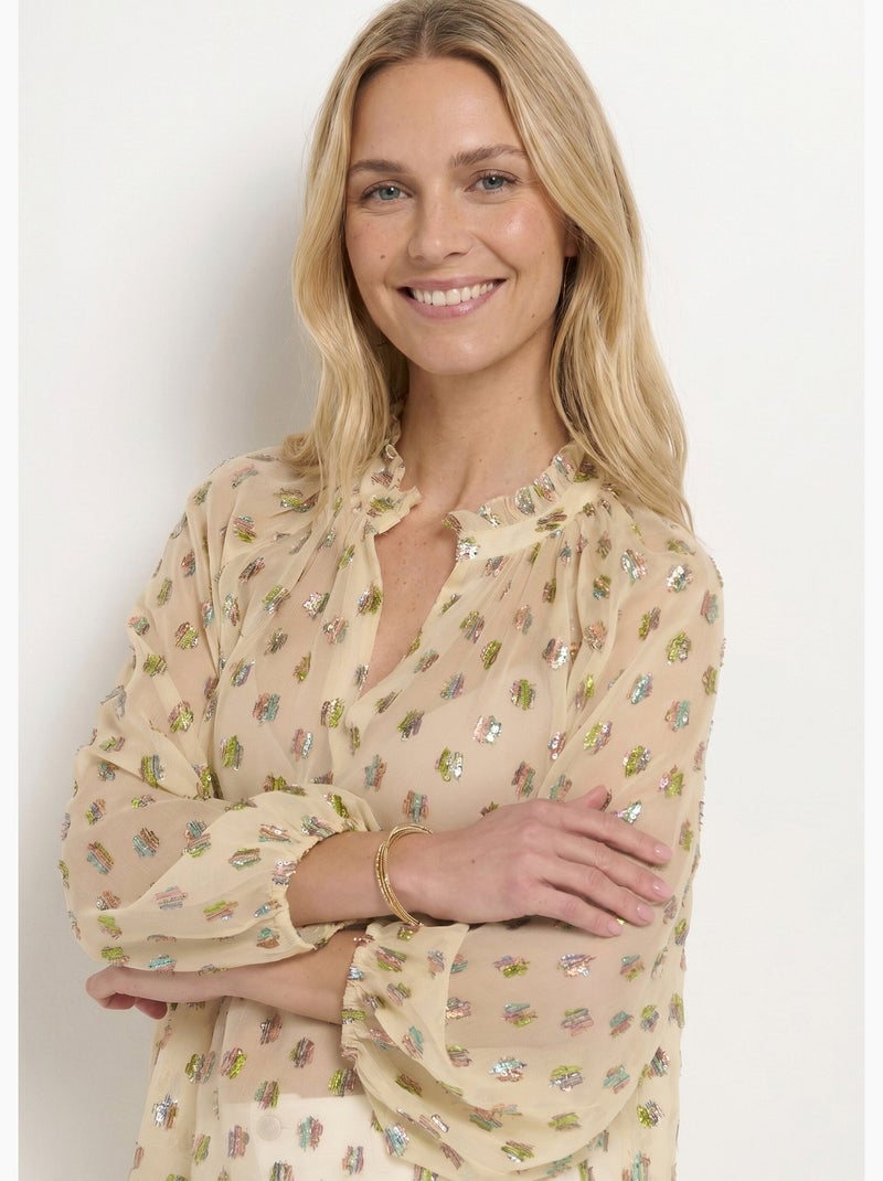 Blouse voile motifs métallisés encolure V - Afibel Ecru - Kiabi
