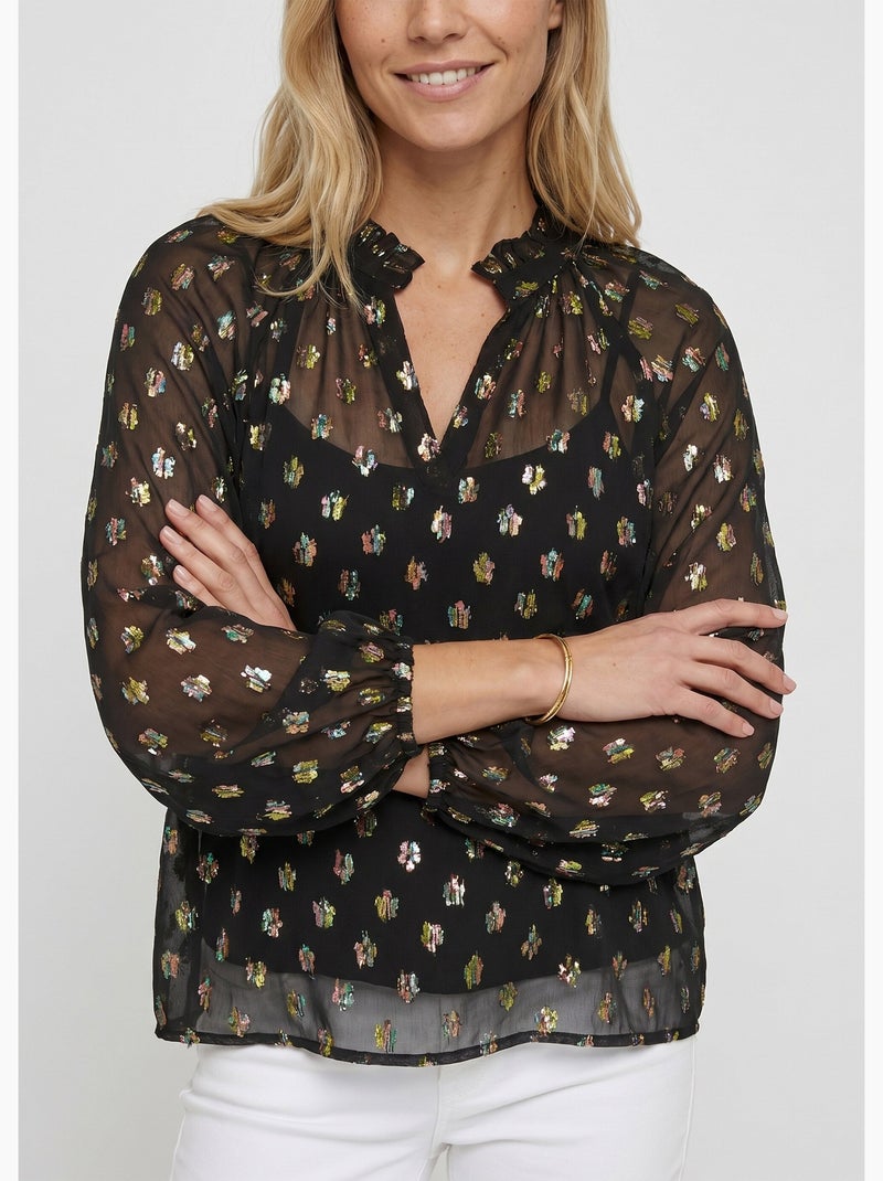 Blouse voile motifs métallisés encolure V - Afibel Noir - Kiabi