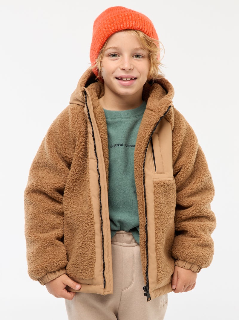 Blouson à capuche bi-matière effet moutonné Beige - Kiabi