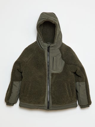Blouson à capuche bi-matière effet moutonné