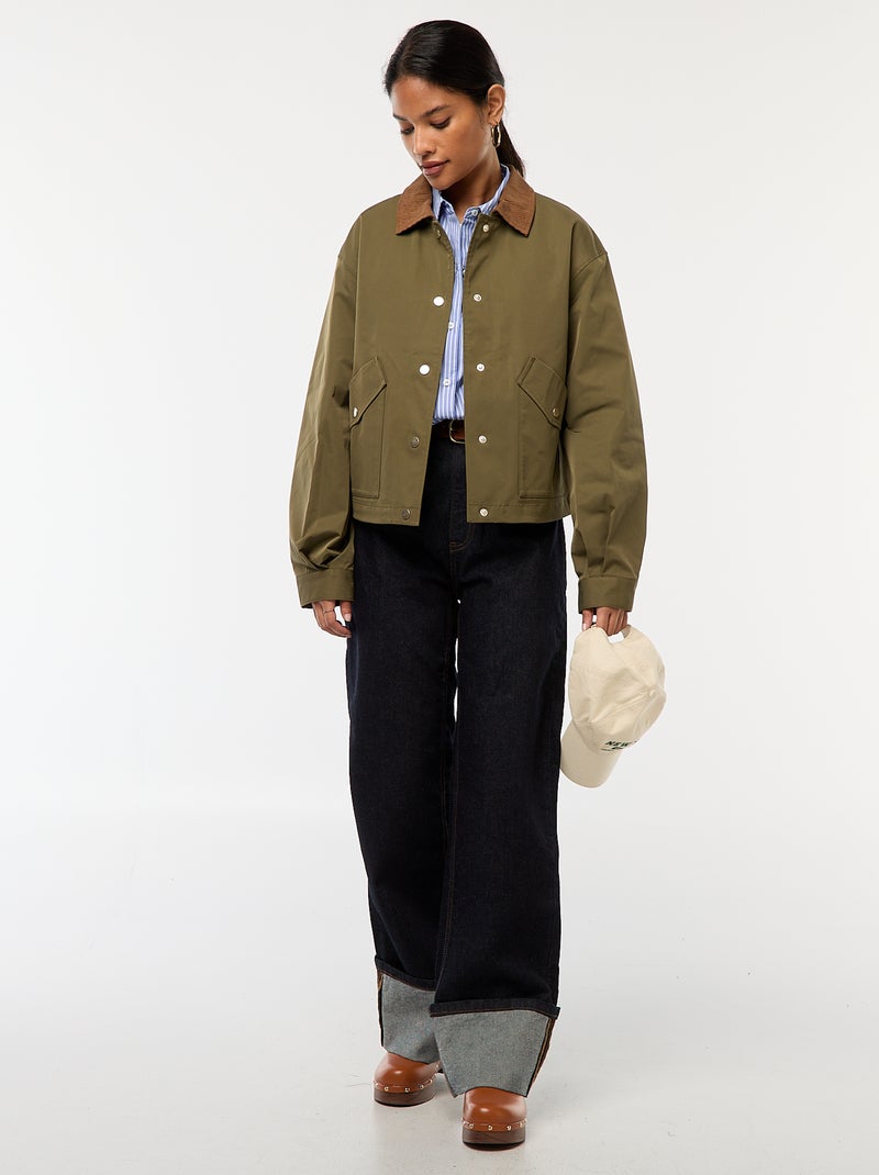 Blouson avec col en matière côtelée Kaki - Kiabi