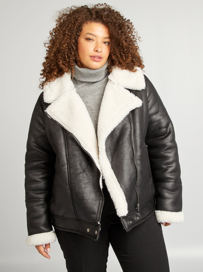 Blouson aviateur col effet moutonné noir - Kiabi