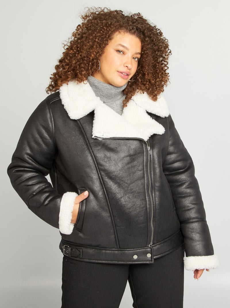 Blouson aviateur col effet moutonné noir - Kiabi