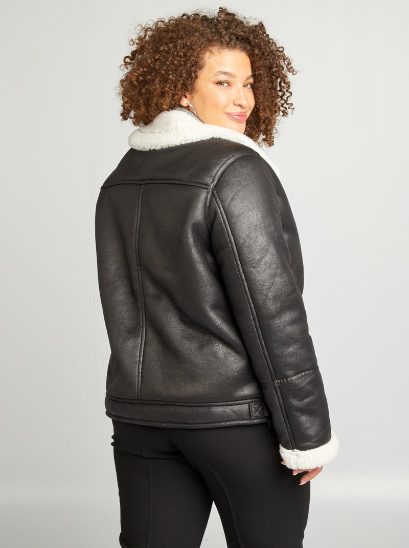 Blouson aviateur col effet moutonné noir - Kiabi
