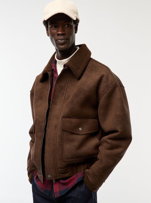 Blouson aviateur façon peau avec col effet moutonné - Kiabi