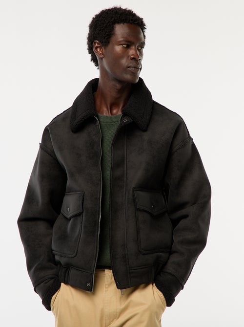 Blouson aviateur façon peau avec col effet moutonné - Kiabi