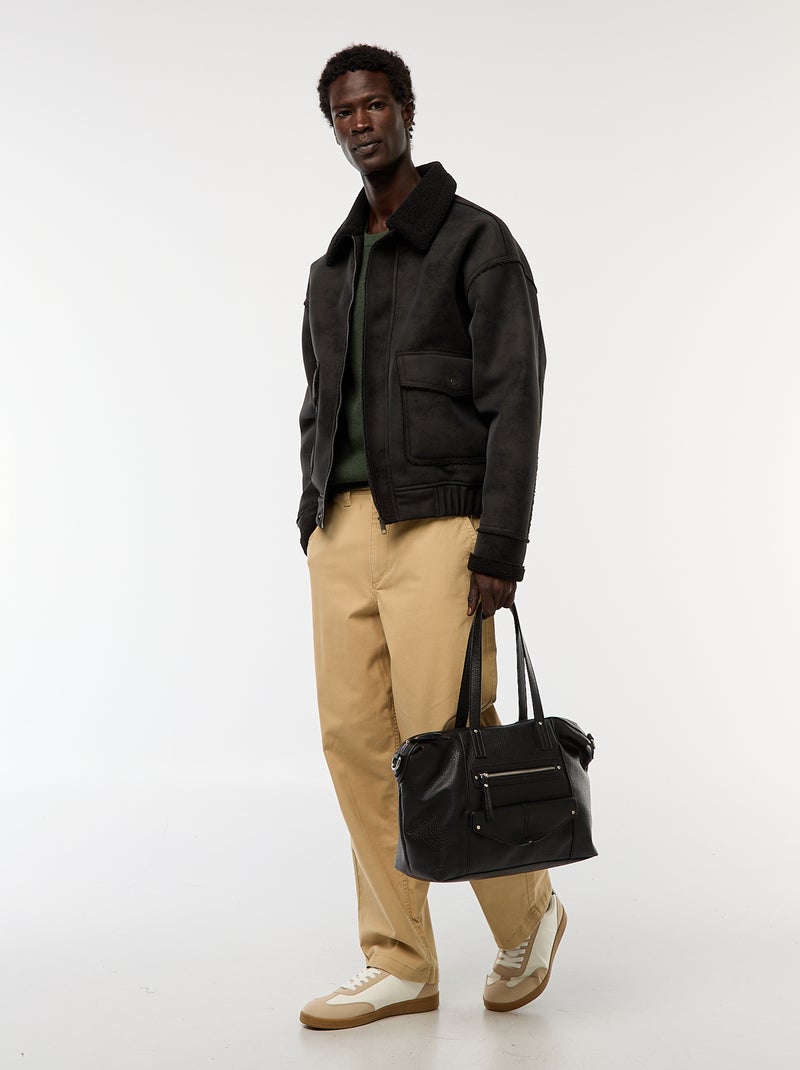 Blouson aviateur façon peau avec col effet moutonné Noir - Kiabi