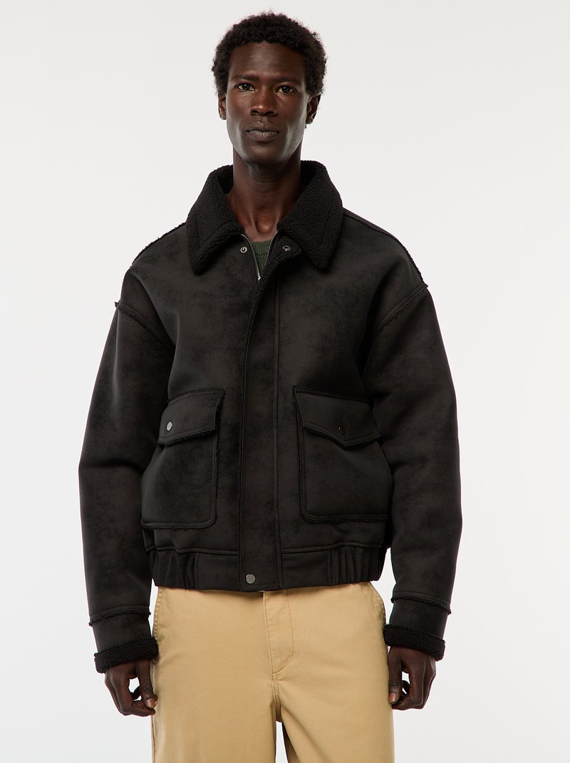 Blouson aviateur façon peau avec col effet moutonné Noir - Kiabi