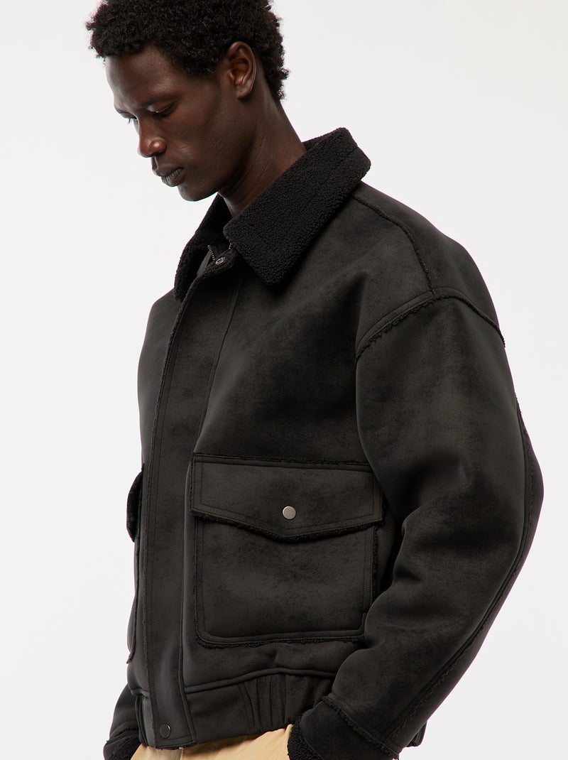 Blouson aviateur façon peau avec col effet moutonné Noir - Kiabi