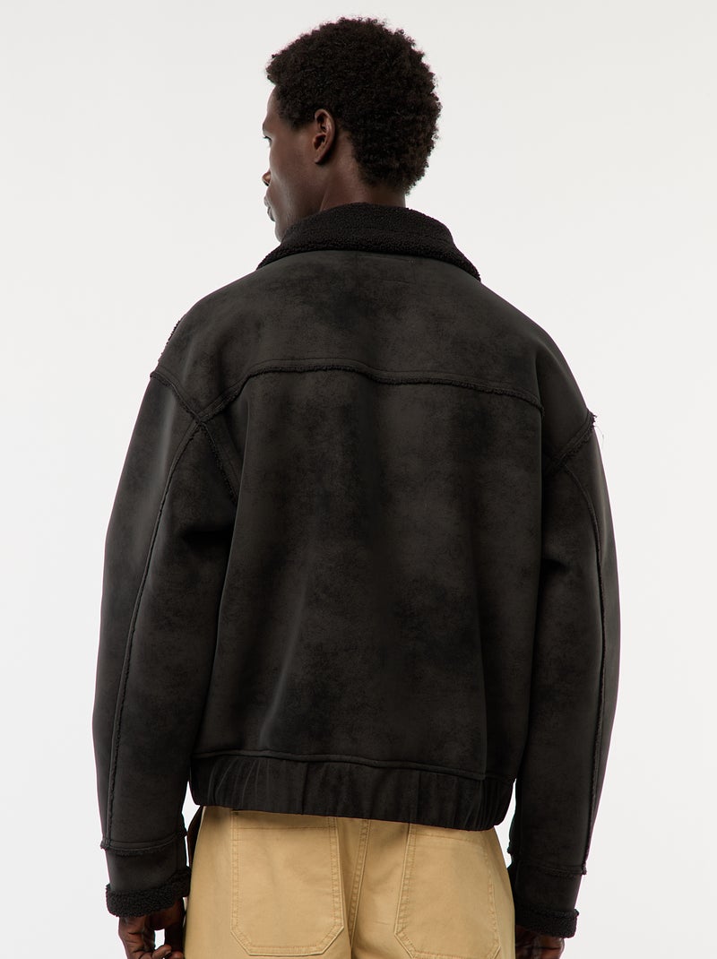 Blouson aviateur façon peau avec col effet moutonné Noir - Kiabi