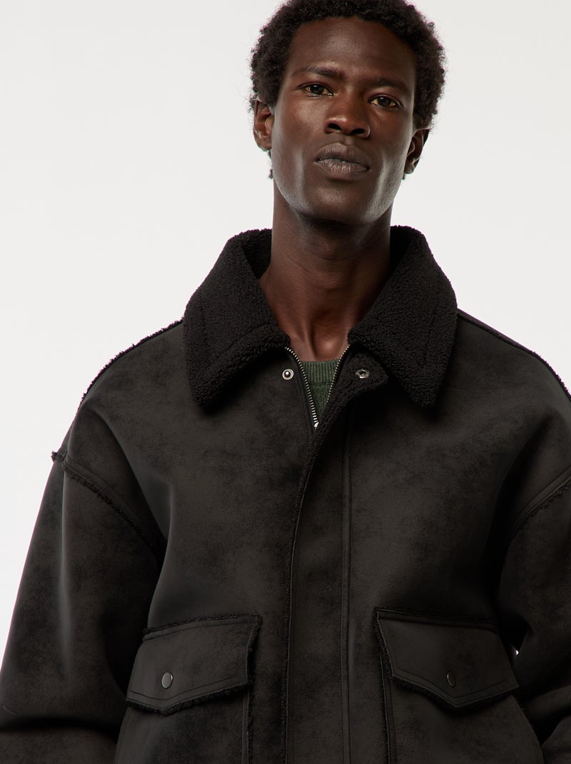 Blouson aviateur façon peau avec col effet moutonné Noir - Kiabi