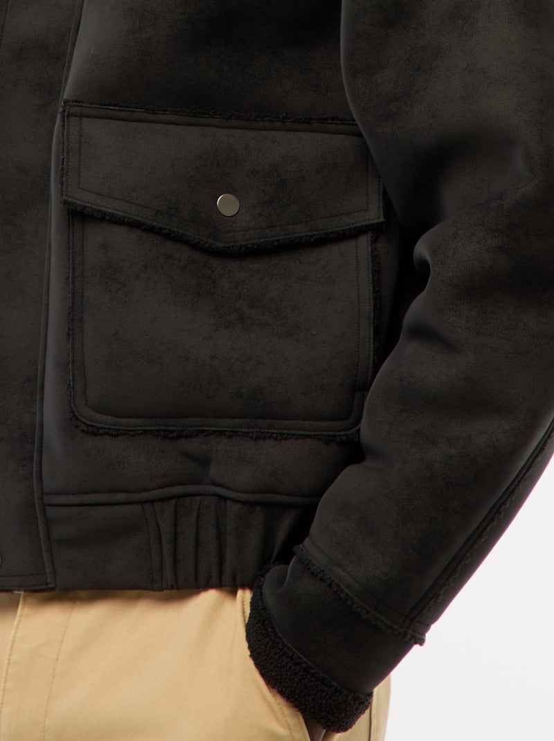Blouson aviateur façon peau avec col effet moutonné Noir - Kiabi