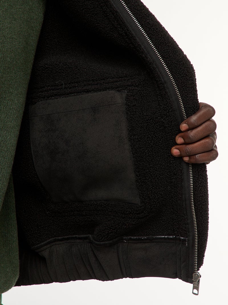 Blouson aviateur façon peau avec col effet moutonné Noir - Kiabi
