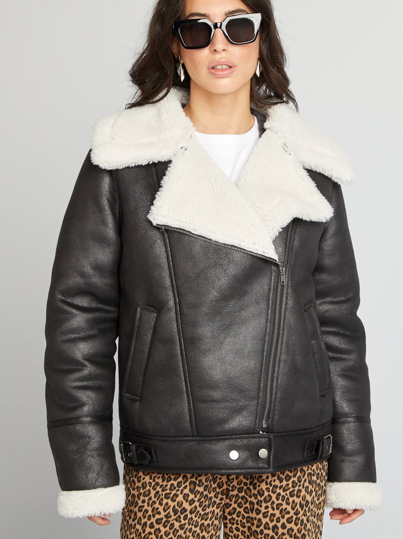 Blouson aviateur fourré noir - Kiabi