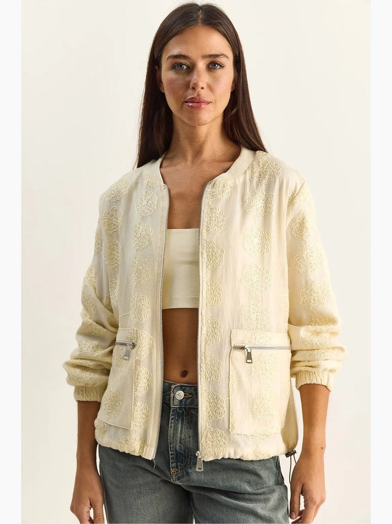 Blouson bomber à broderie florale lucci Crème - Kiabi