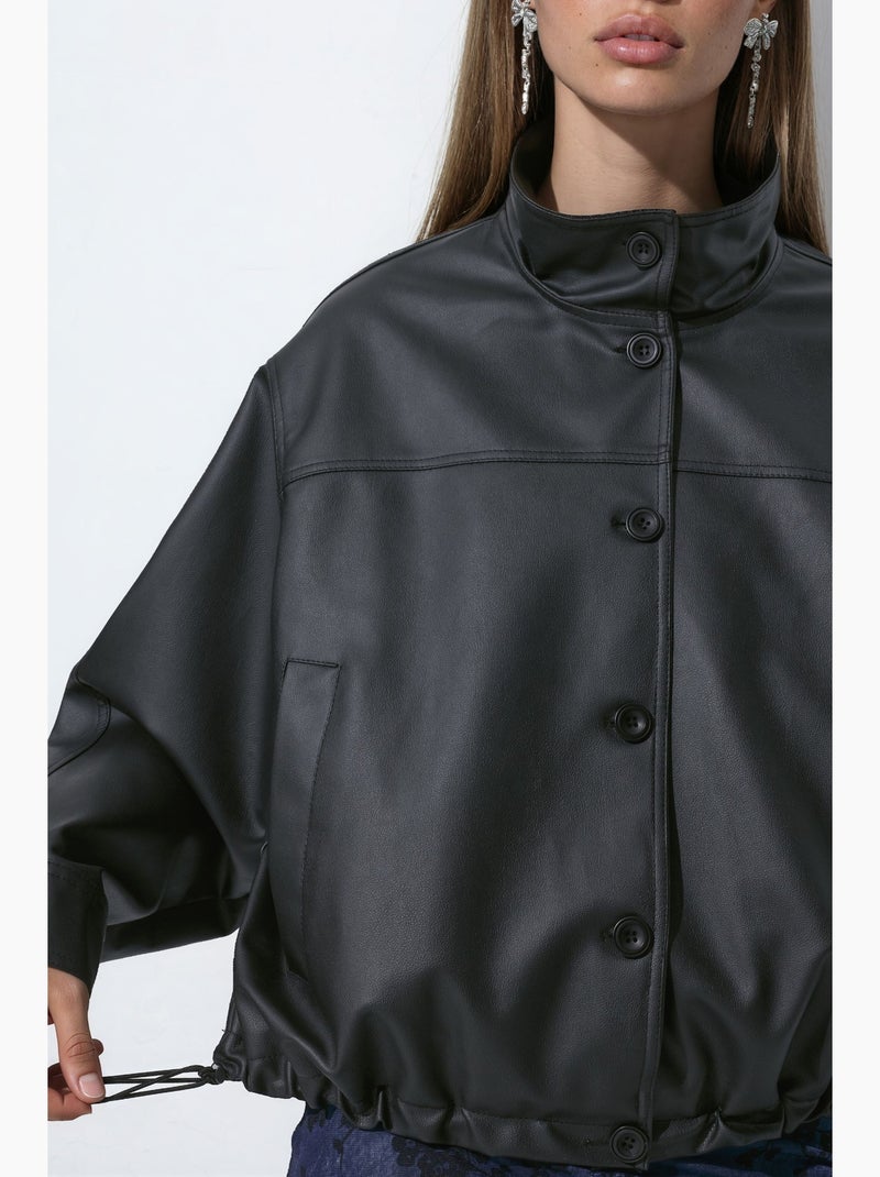 Blouson bomber en cuir synthétique à col semi-montant hiccup Gris Noir - Kiabi