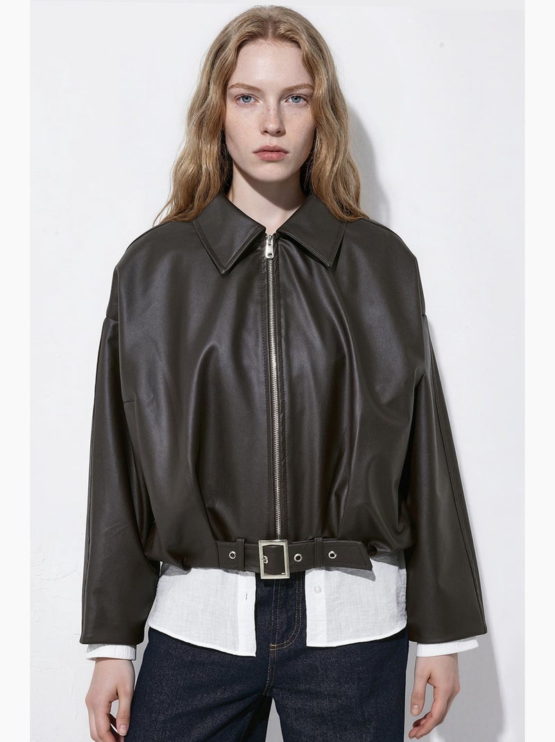 Blouson bomber en simili cuir ceinturé hiccup Marron foncé - Kiabi