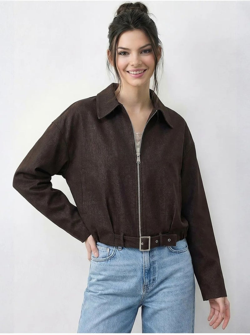 Blouson bomber oversize en jean avec ceinture lucci Marron chocolat - Kiabi