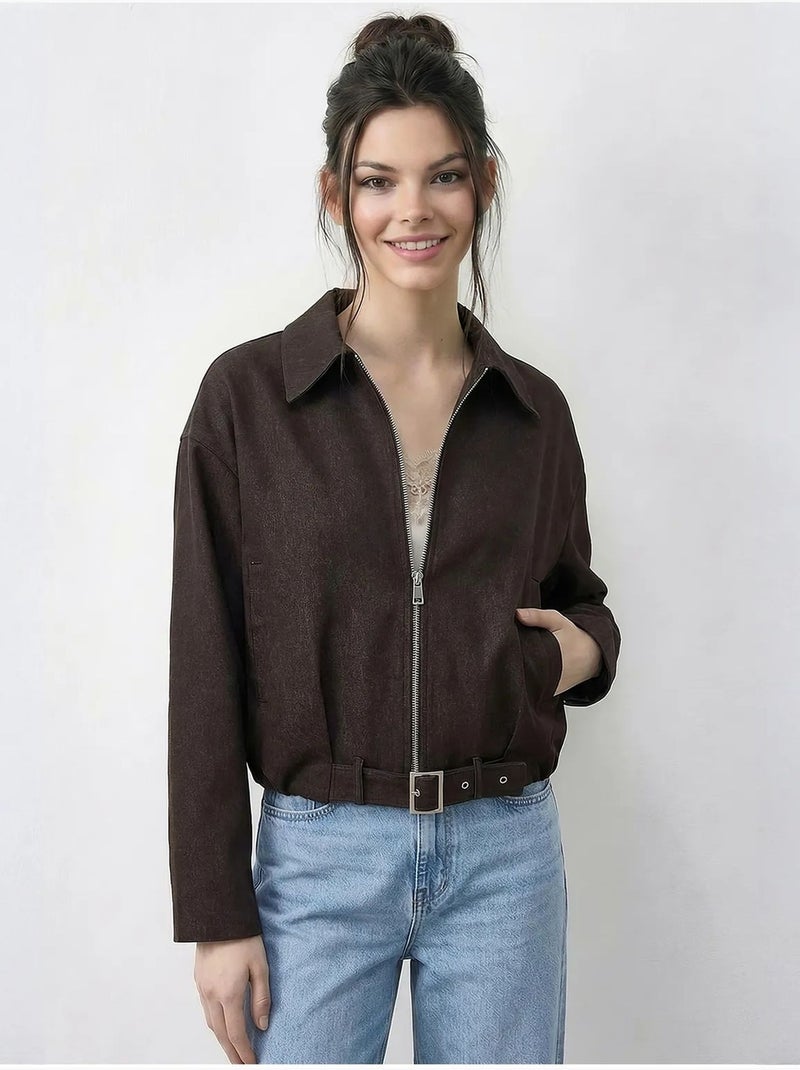 Blouson bomber oversize en jean avec ceinture lucci Marron chocolat - Kiabi