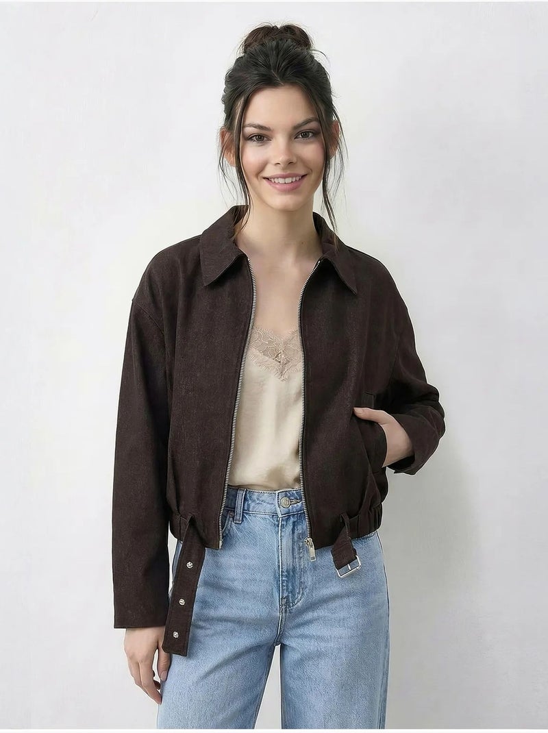 Blouson bomber oversize en jean avec ceinture lucci Marron chocolat - Kiabi