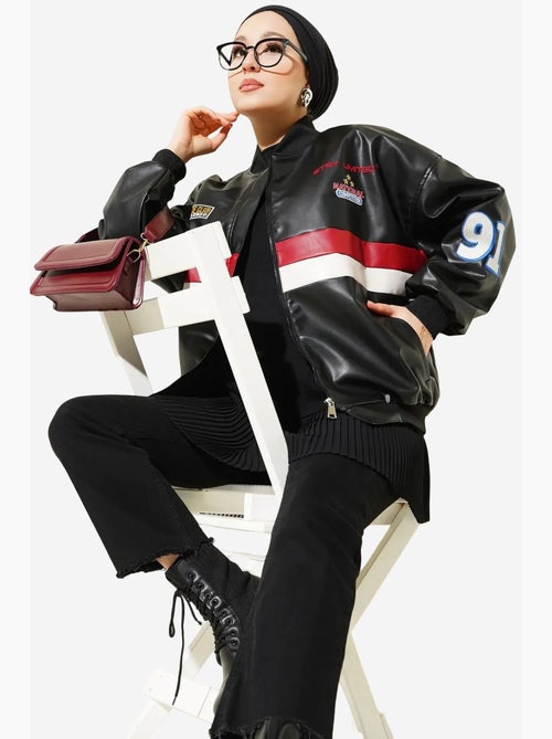 Blouson bomber oversize en simili cuir color block bdart - Kiabi Blouson bomber oversize en simili cuir color block bdart - Kiabi