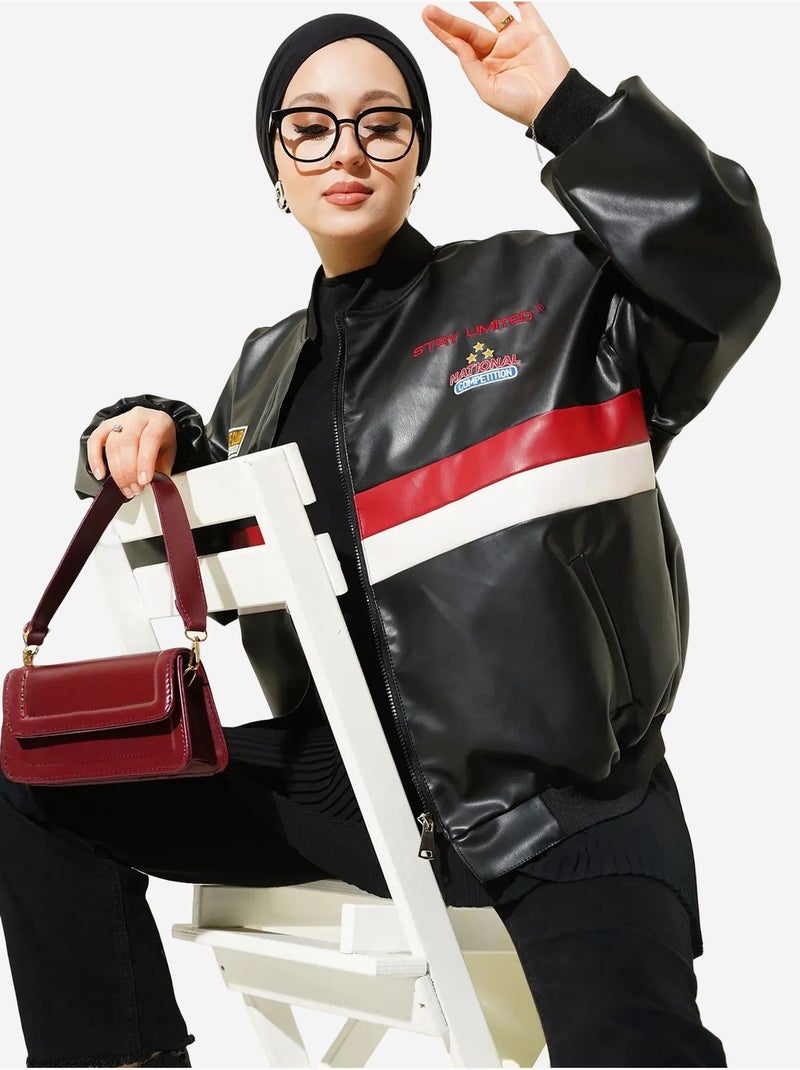 Blouson bomber oversize en simili cuir color block bdart Noir - Kiabi